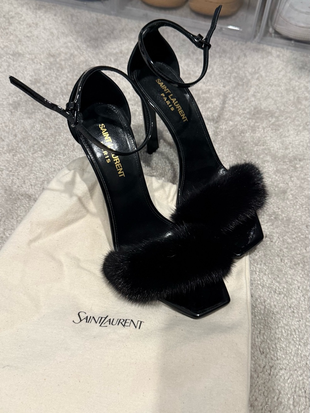 Saint Laurent Black Patent Leather Mink Fur Ankle-Strap Heels 37 1/2